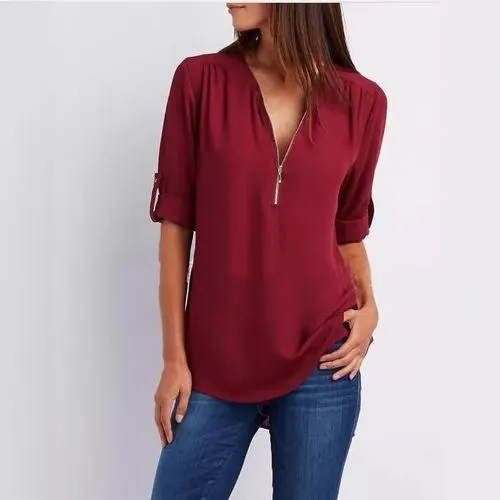 2021eBay  Shirt V-neck Zipper Large Size Women's Long Sleeve Sleeve Sleeve Loose Chiffon Shirt