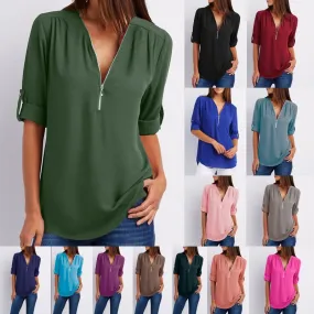 2021eBay  Shirt V-neck Zipper Large Size Women's Long Sleeve Sleeve Sleeve Loose Chiffon Shirt