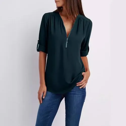 2021eBay  Shirt V-neck Zipper Large Size Women's Long Sleeve Sleeve Sleeve Loose Chiffon Shirt