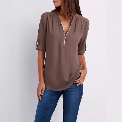 2021eBay  Shirt V-neck Zipper Large Size Women's Long Sleeve Sleeve Sleeve Loose Chiffon Shirt