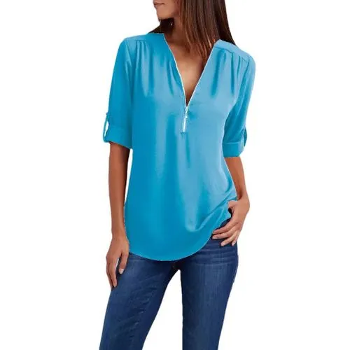 2021eBay  Shirt V-neck Zipper Large Size Women's Long Sleeve Sleeve Sleeve Loose Chiffon Shirt