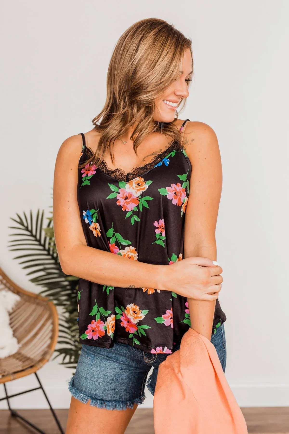 Aloha Beauty Lace Trimmed Tank Top- Black