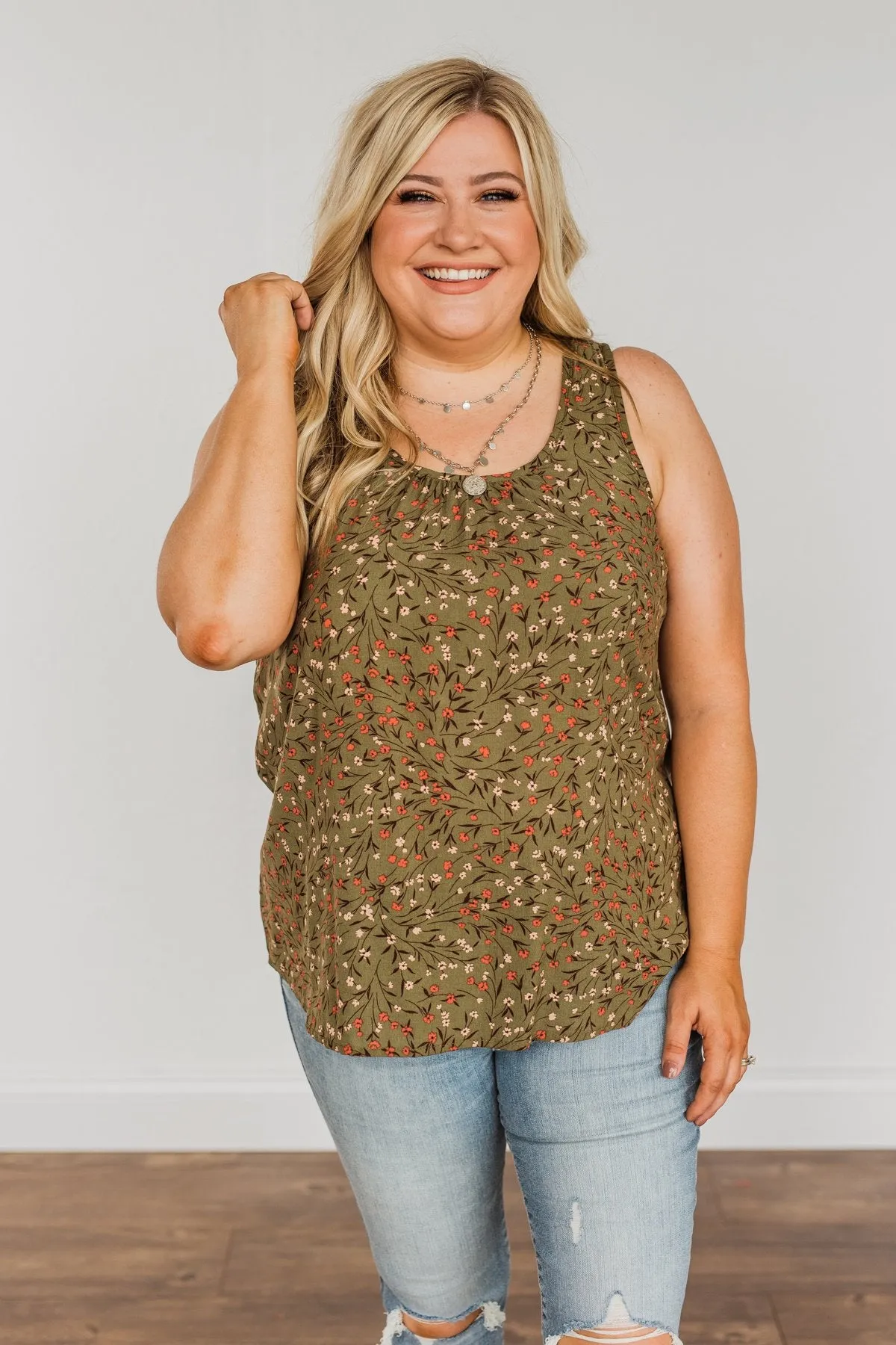 Apple Pie & Autumn Skies Floral Tank Top- Dark Olive