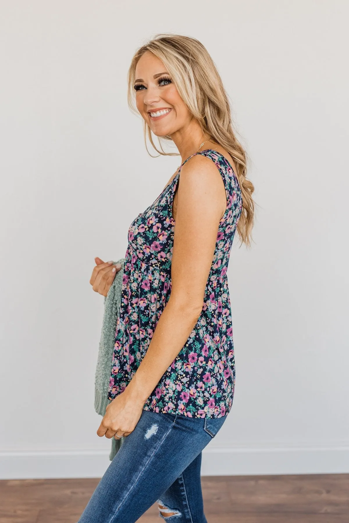 As Fair As A Rose Floral Babydoll Tank Top- Navy