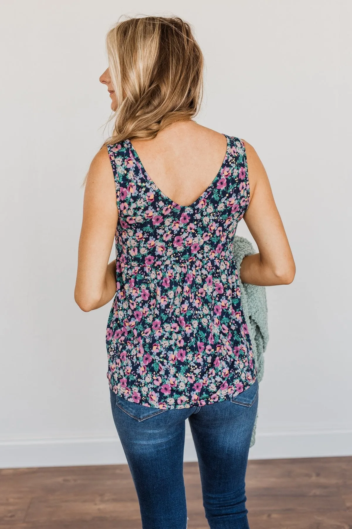 As Fair As A Rose Floral Babydoll Tank Top- Navy