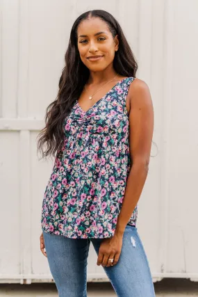 As Fair As A Rose Floral Babydoll Tank Top- Navy