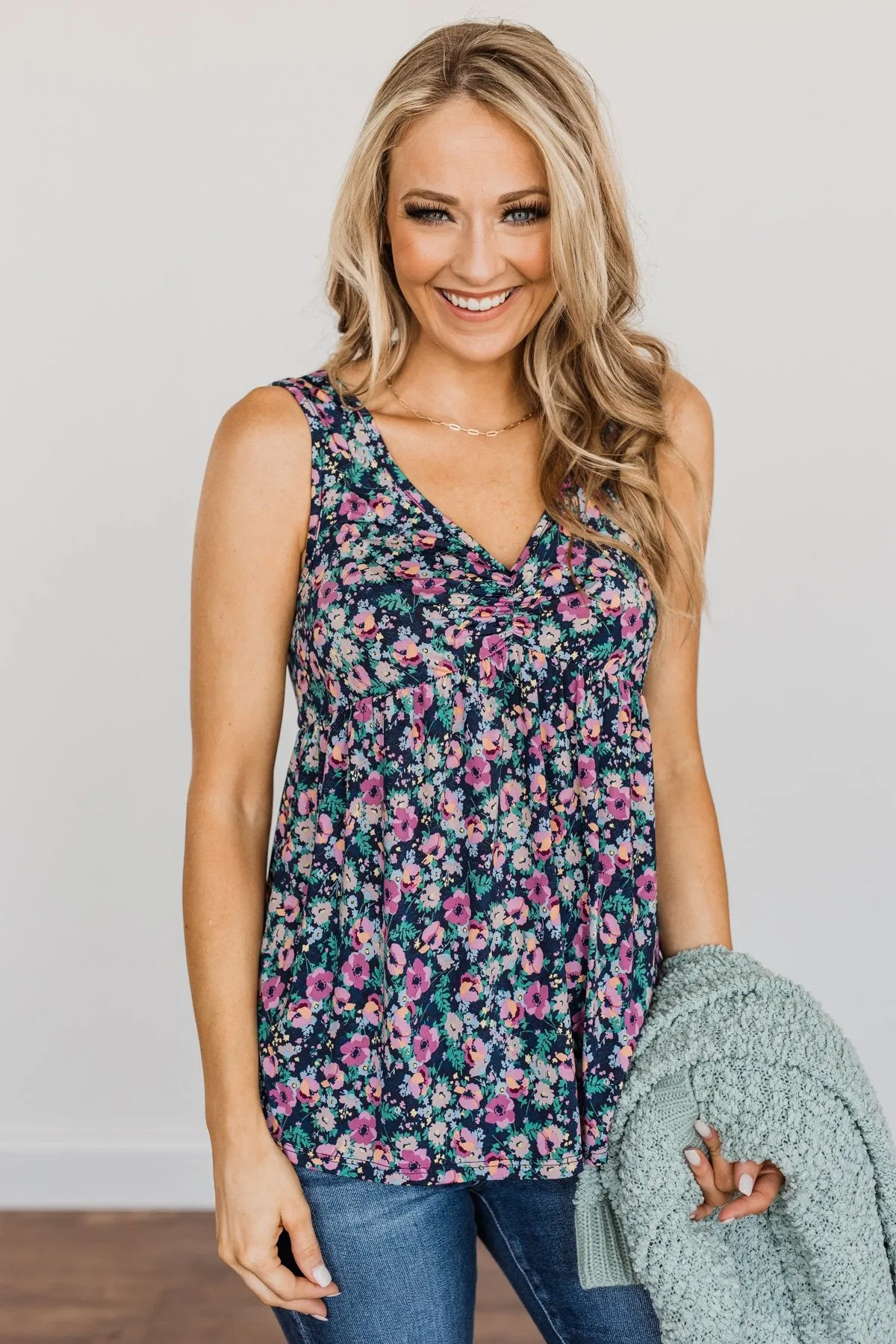 As Fair As A Rose Floral Babydoll Tank Top- Navy