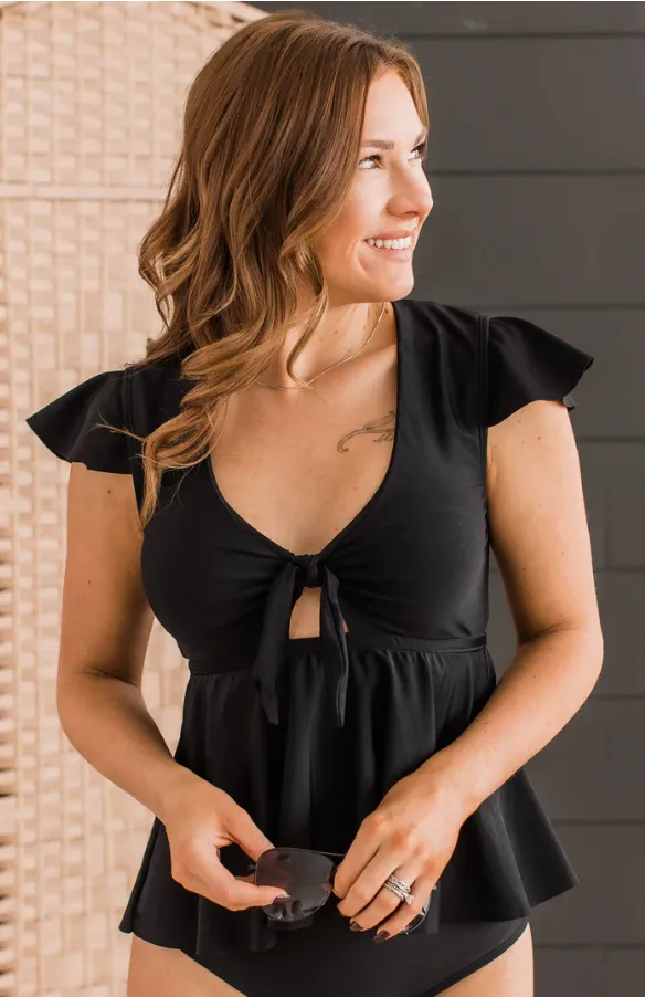 Beachside Beauty Peplum Tankini Top - Black