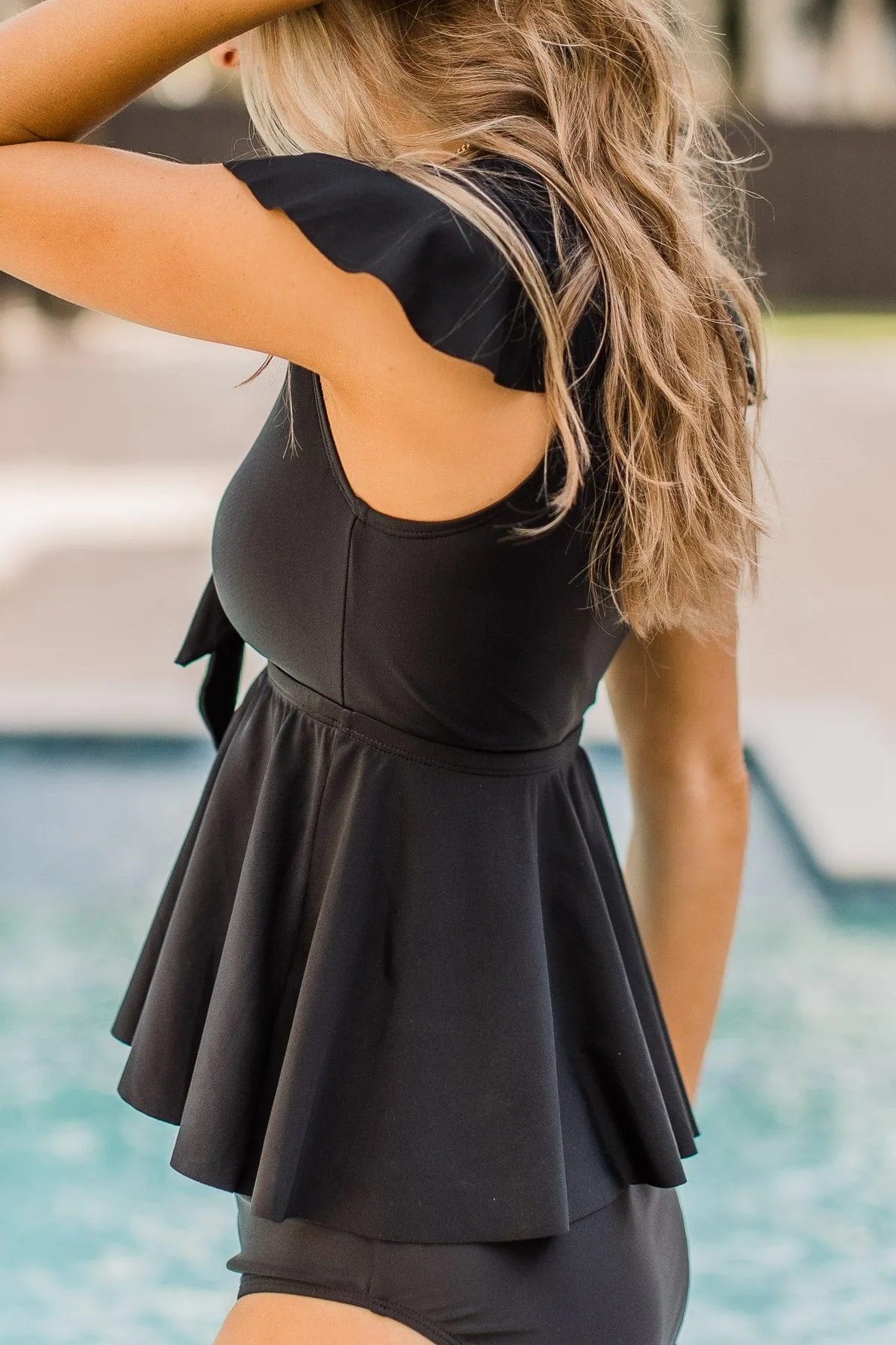 Beachside Beauty Peplum Tankini Top- Black