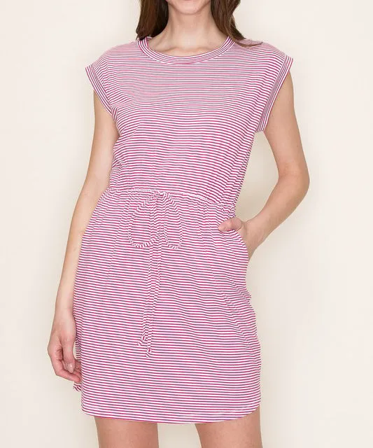 Drawstring Waist Stripe Dress -  Ivory/Fuchsia