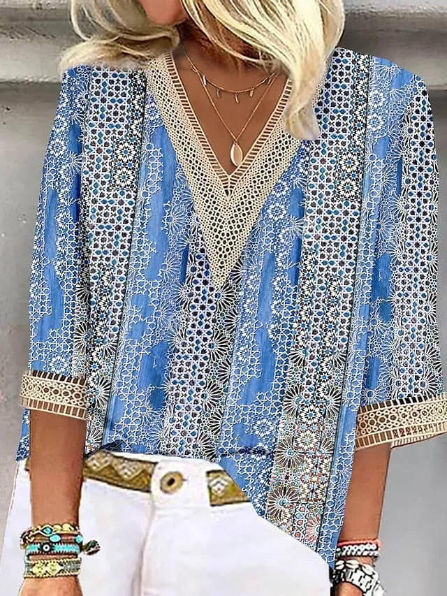 Everyday Chic Lace Shirt Blouse with Graphic Print and V Neck