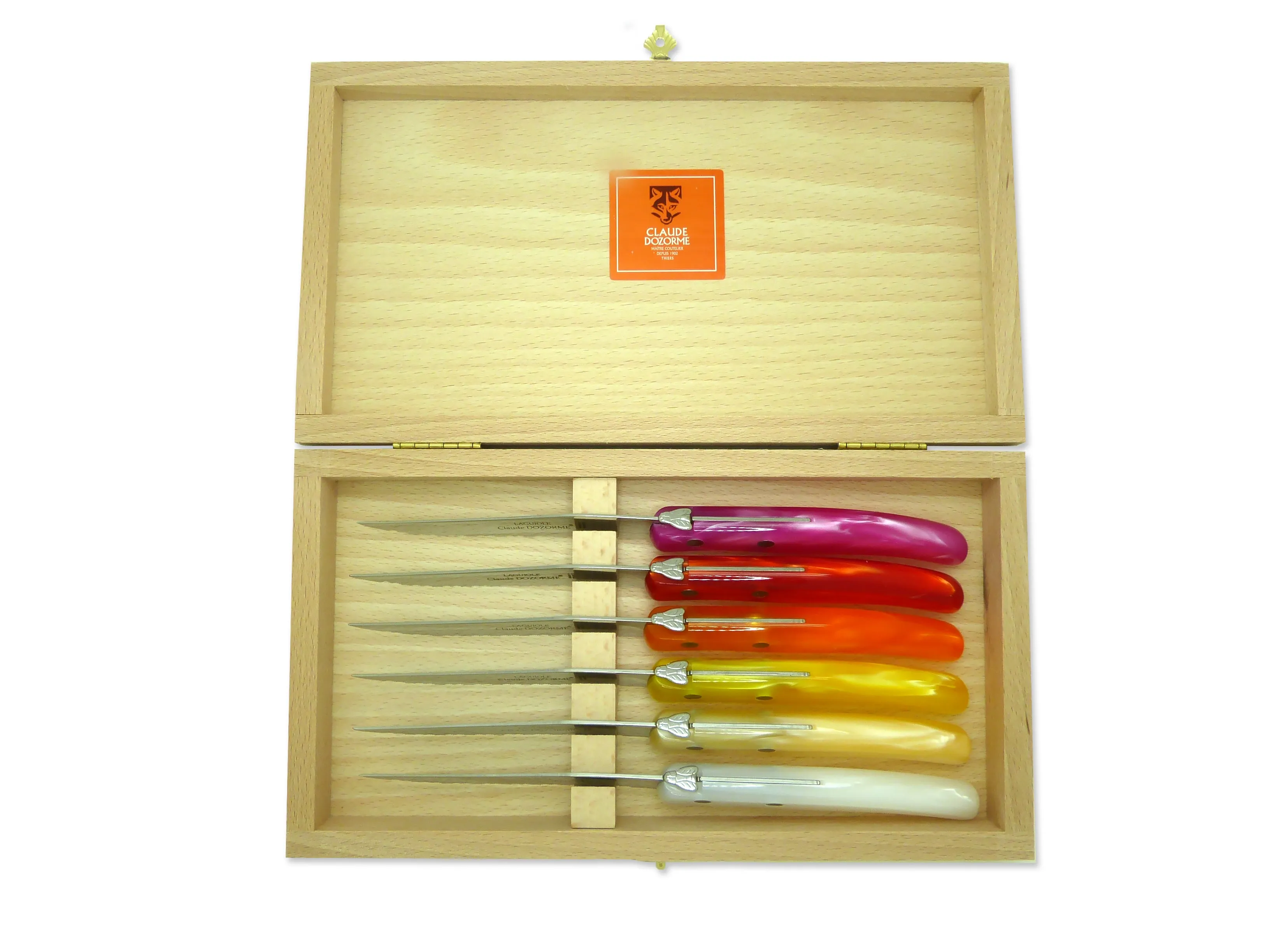 EW Claude Dozorme Laguiole Steak Knife Gift Set of 6 Mixed Pink Red Orange Natural Yellow White