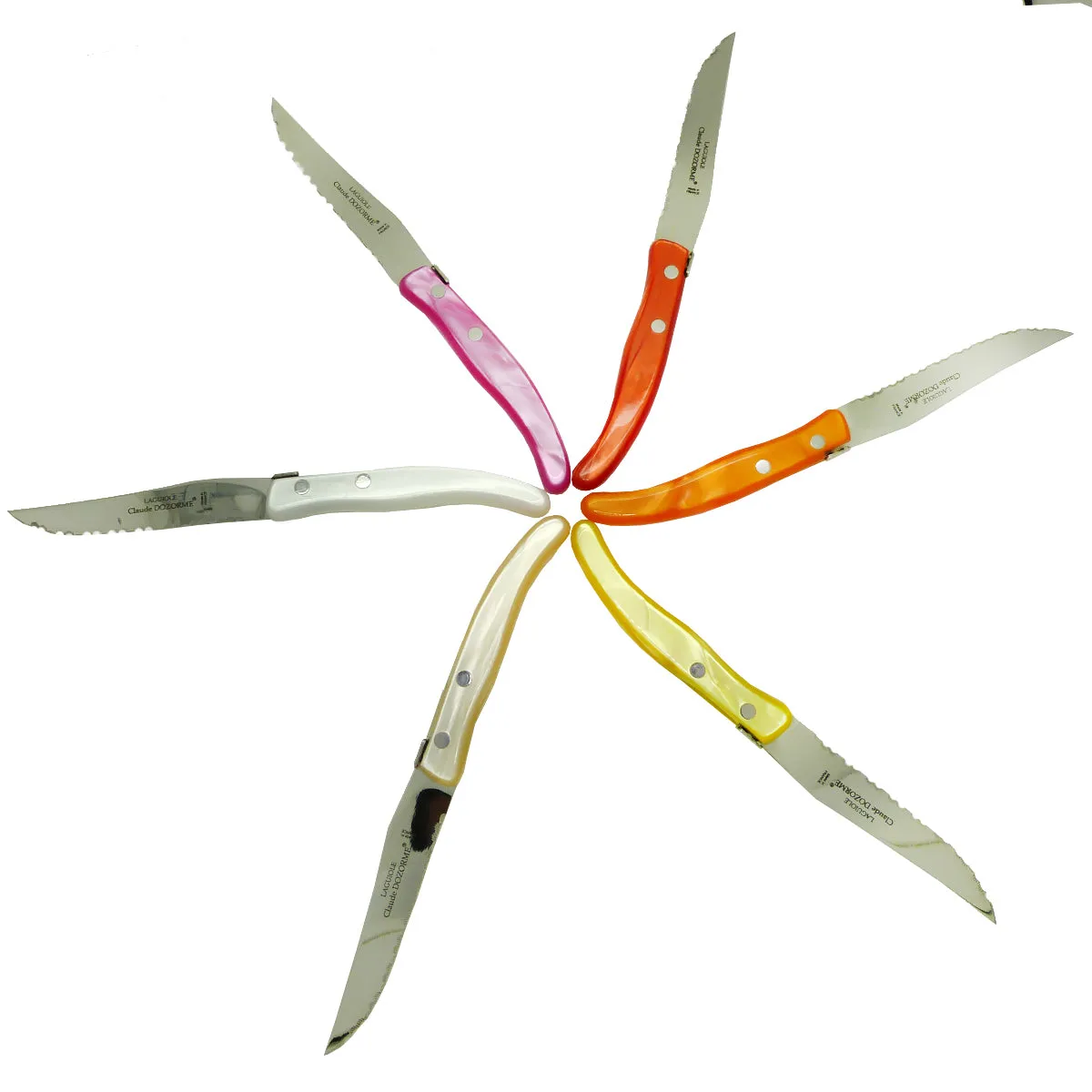 EW Claude Dozorme Laguiole Steak Knife Gift Set of 6 Mixed Pink Red Orange Natural Yellow White