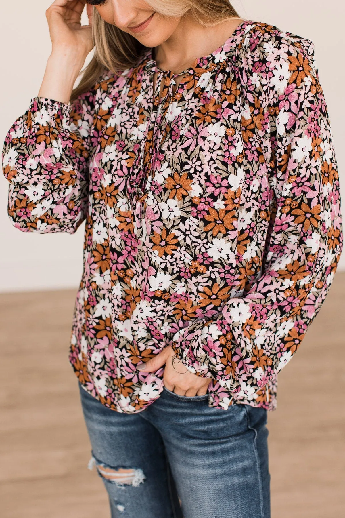 Extraordinary Beauty Floral Blouse- Black, Pink, & Rust