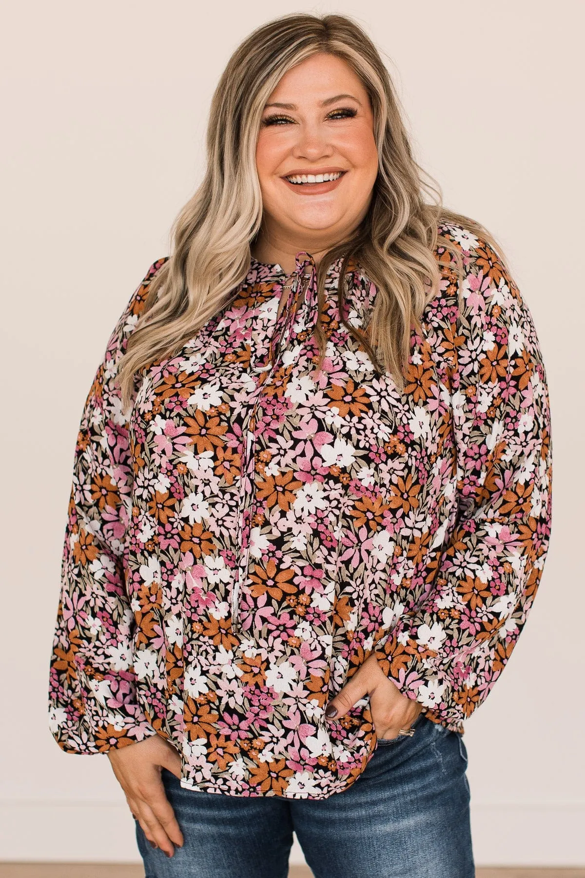 Extraordinary Beauty Floral Blouse- Black, Pink, & Rust