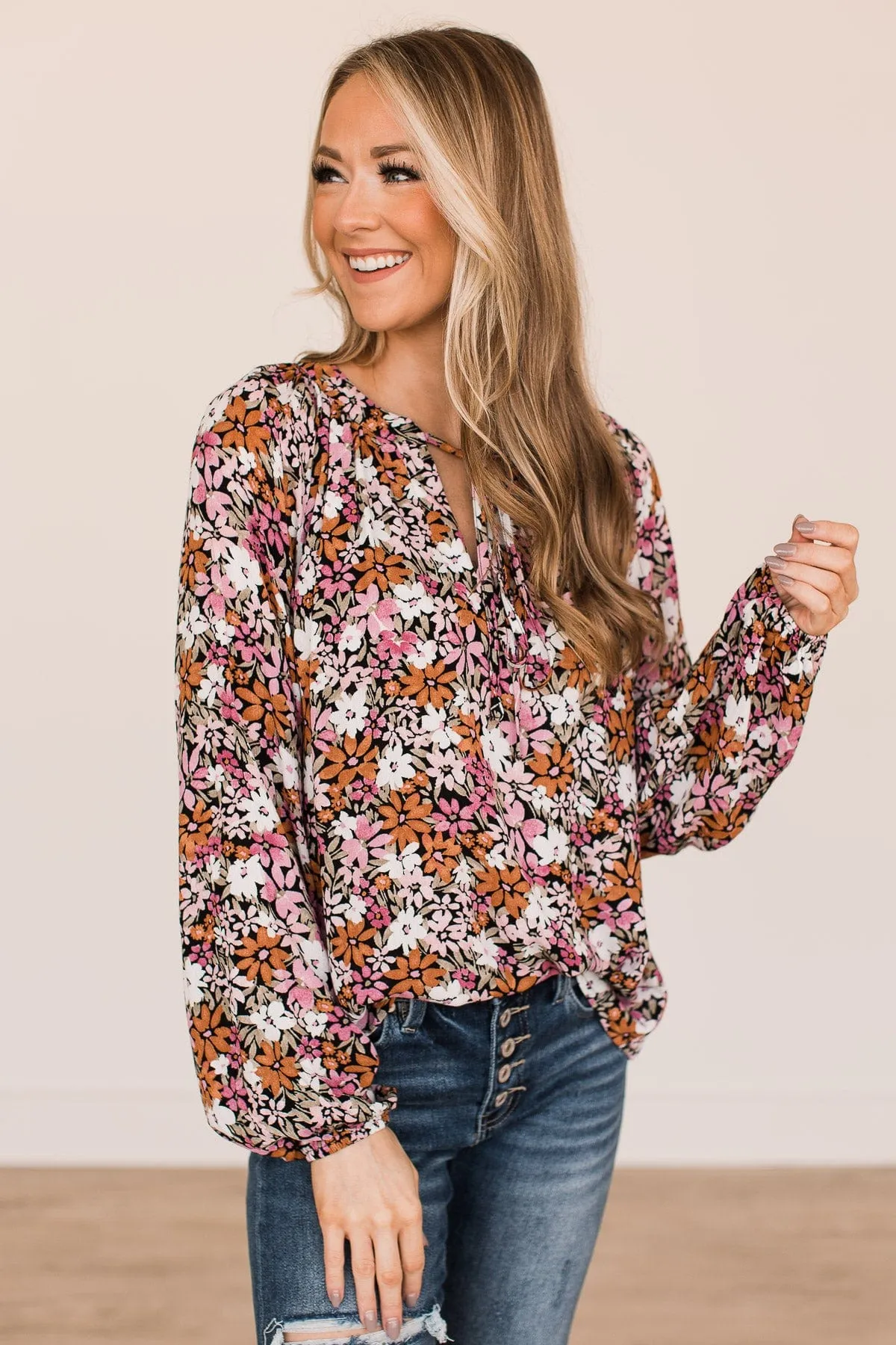 Extraordinary Beauty Floral Blouse- Black, Pink, & Rust