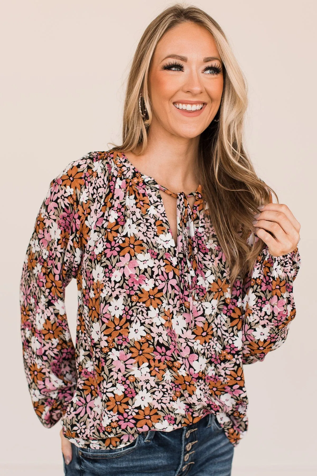 Extraordinary Beauty Floral Blouse- Black, Pink, & Rust