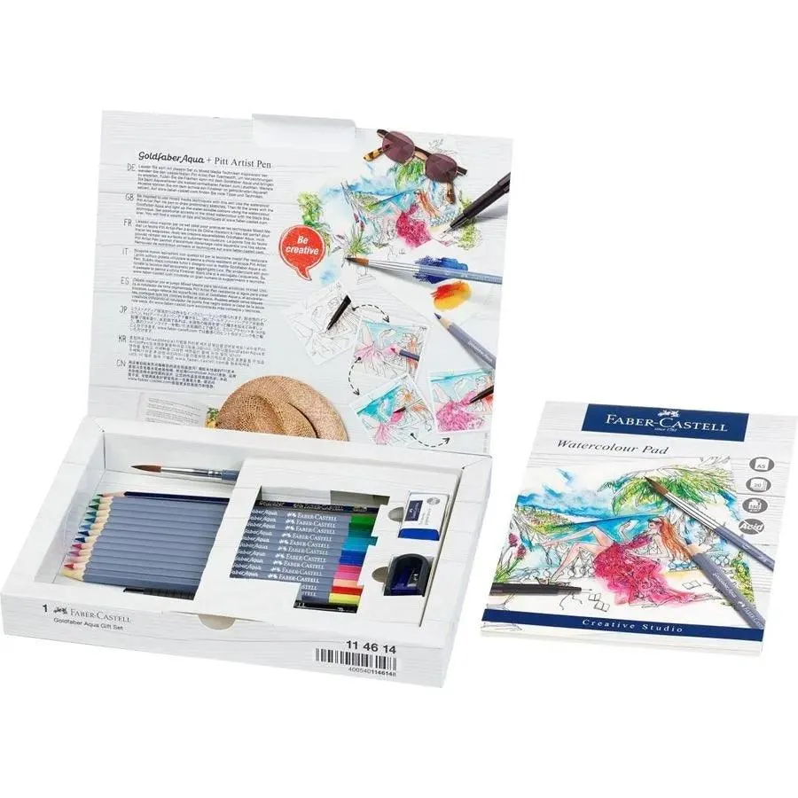 Faber-Castell Goldfaber Aqua Watercolour Pencils Assorted Gift Set of 18 Graphite Pencils, Sharpener, Eraser & Drawing Pad