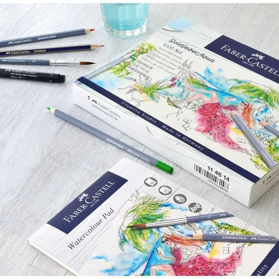 Faber-Castell Goldfaber Aqua Watercolour Pencils Assorted Gift Set of 18 Graphite Pencils, Sharpener, Eraser & Drawing Pad