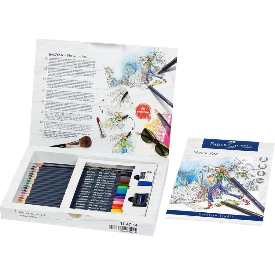 Faber-Castell Goldfaber Colour Pencils Assorted Gift Set of 23 Graphite Pencils, Sharpener, Eraser & Drawing Pad