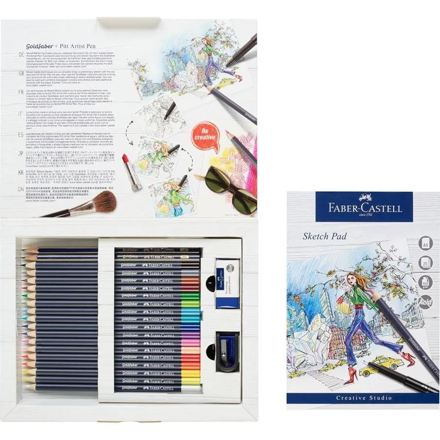 Faber-Castell Goldfaber Colour Pencils Assorted Gift Set of 23 Graphite Pencils, Sharpener, Eraser & Drawing Pad