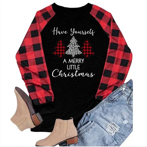 Fashion Plaid Cotton Blend Round Neck Long Sleeve Regular Sleeve Patchwork T-shirt