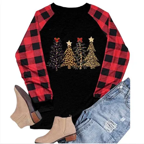 Fashion Plaid Cotton Blend Round Neck Long Sleeve Regular Sleeve Patchwork T-shirt