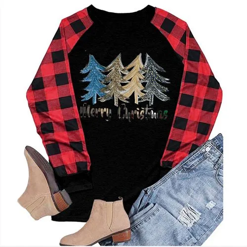 Fashion Plaid Cotton Blend Round Neck Long Sleeve Regular Sleeve Patchwork T-shirt