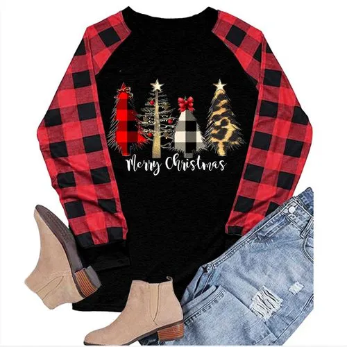 Fashion Plaid Cotton Blend Round Neck Long Sleeve Regular Sleeve Patchwork T-shirt