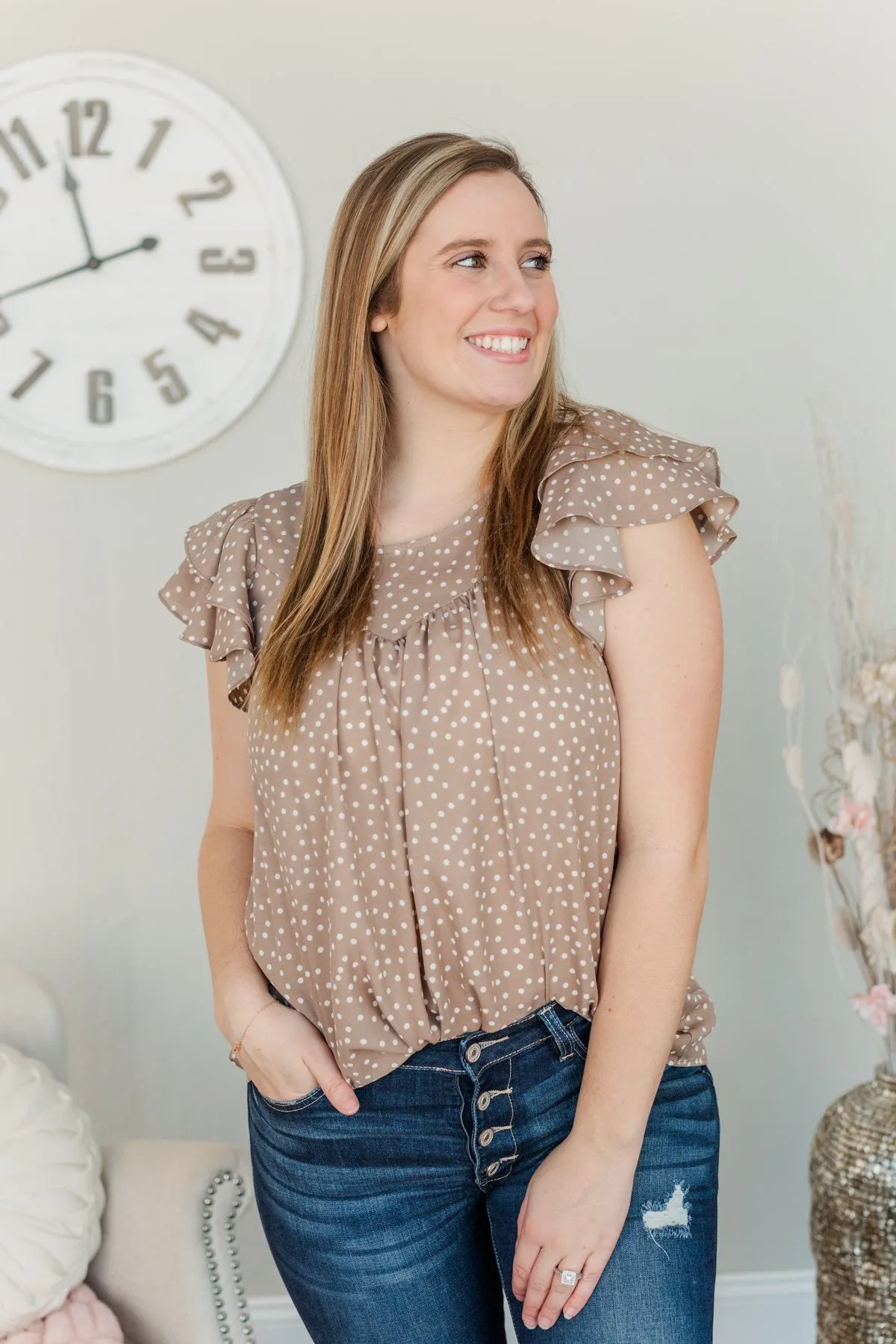 Follow Your Dreams Polka Dot Blouse- Taupe