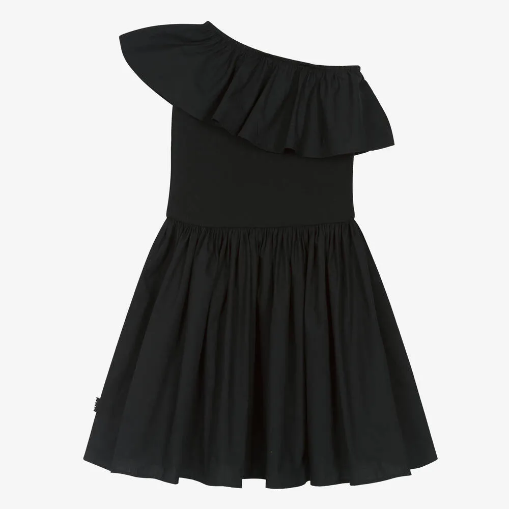 Girls Black Organic Cotton One Shoulder Dress