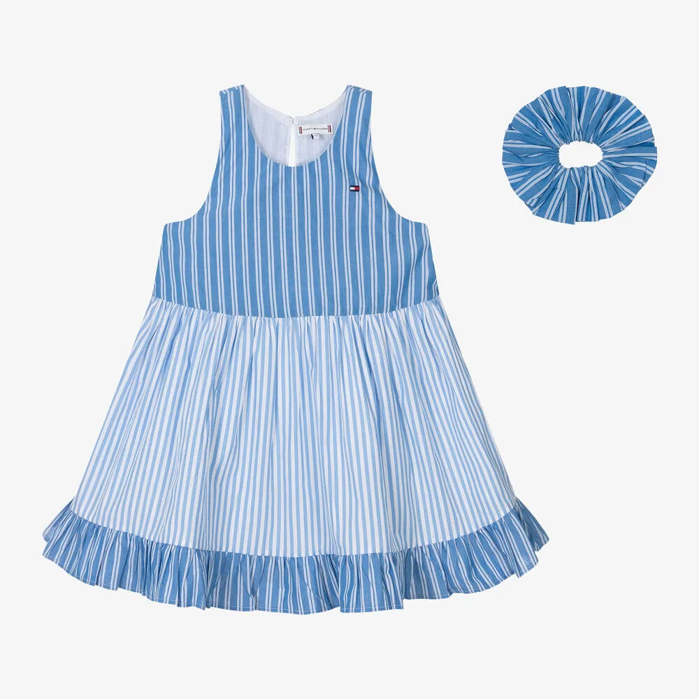 Girls Blue Cotton Stripe Dress