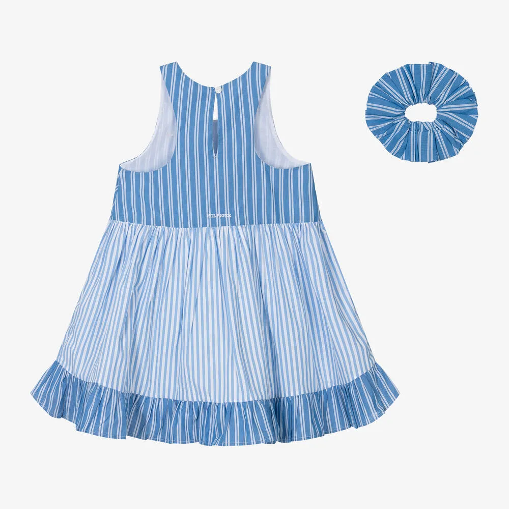 Girls Blue Cotton Stripe Dress