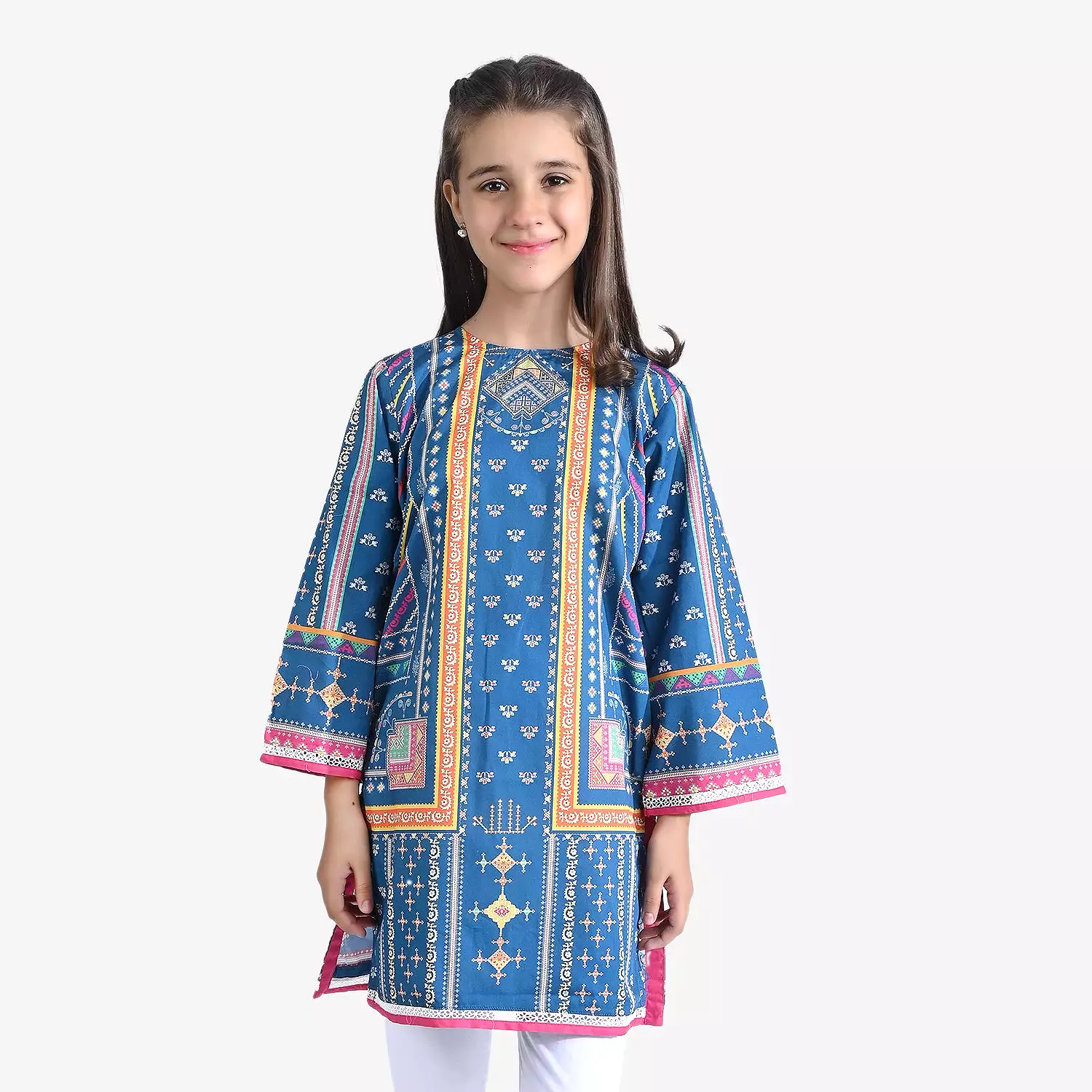 Girls Cotton Poplin Printed Kurti Ethnic-Teal