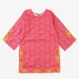 Girls Cotton Poplin Printed Kurti -Pink