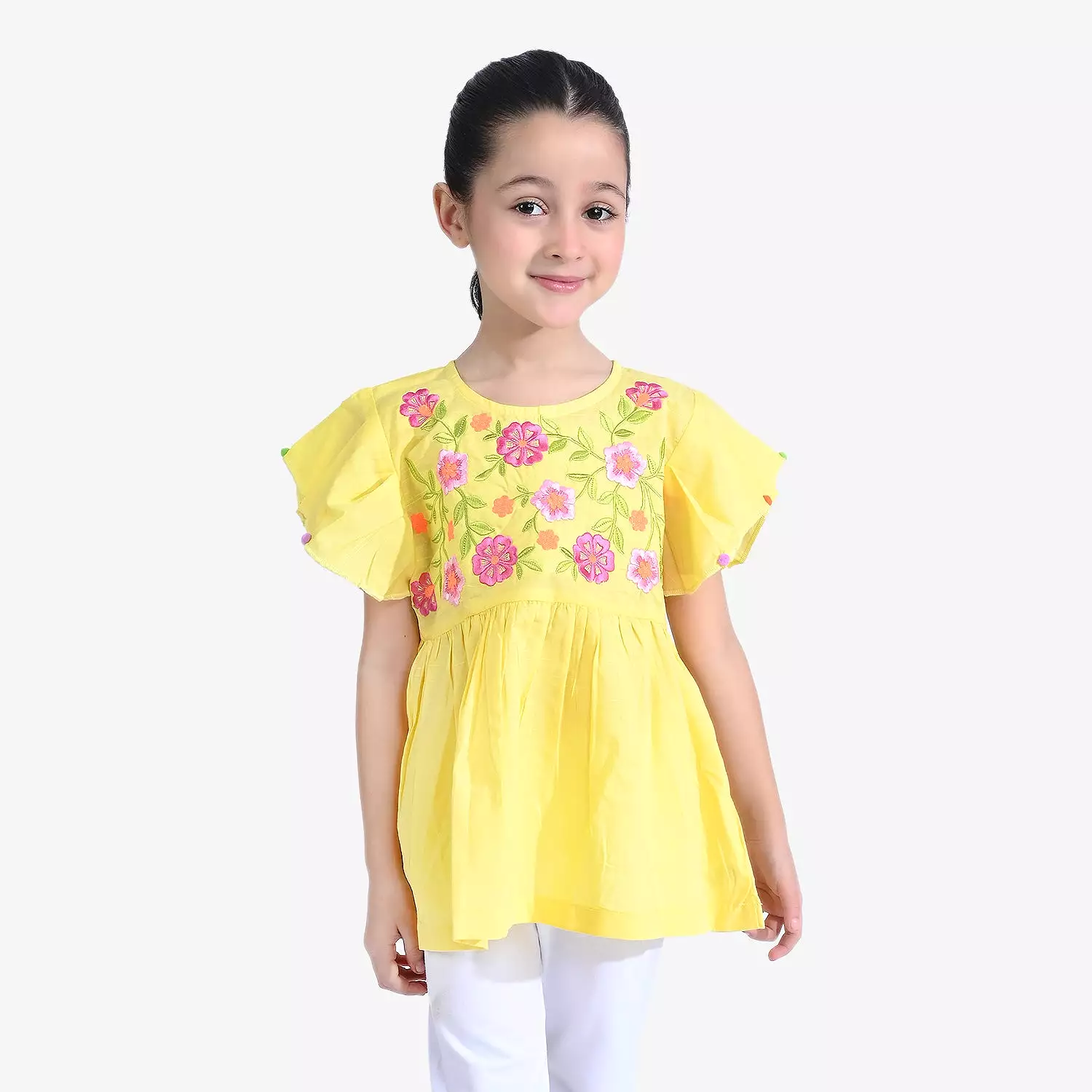 Girls Cotton Slub EMB Top Blazing Florals-B.Yellow