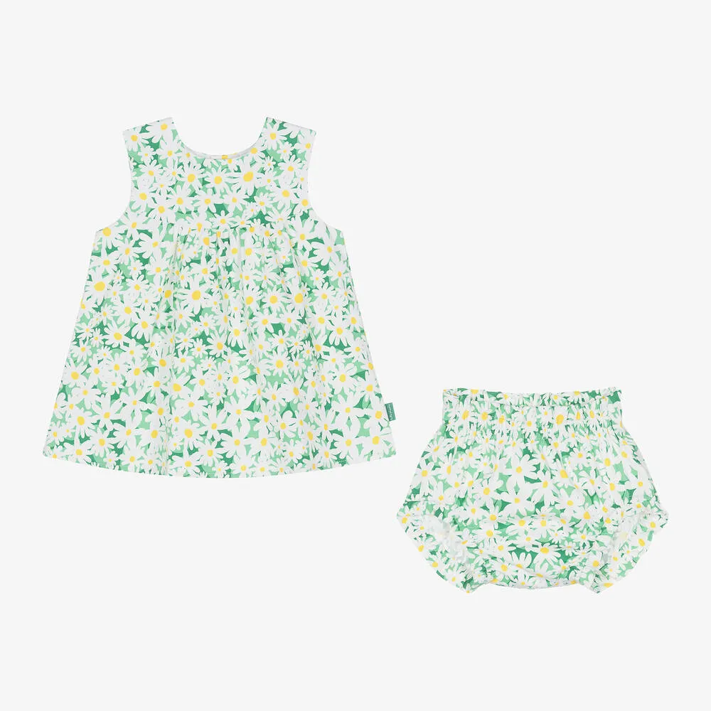 Girls Green Daisy Print Cotton Dress