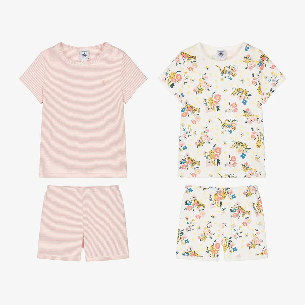 Girls Ivory & Pink Cotton Pyjamas (2 Pack)