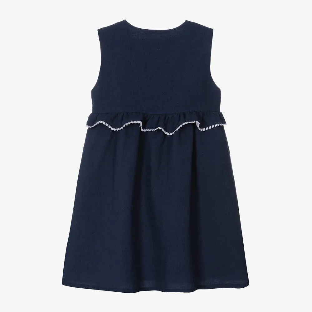 Girls Navy Blue Linen & Cotton Dress 