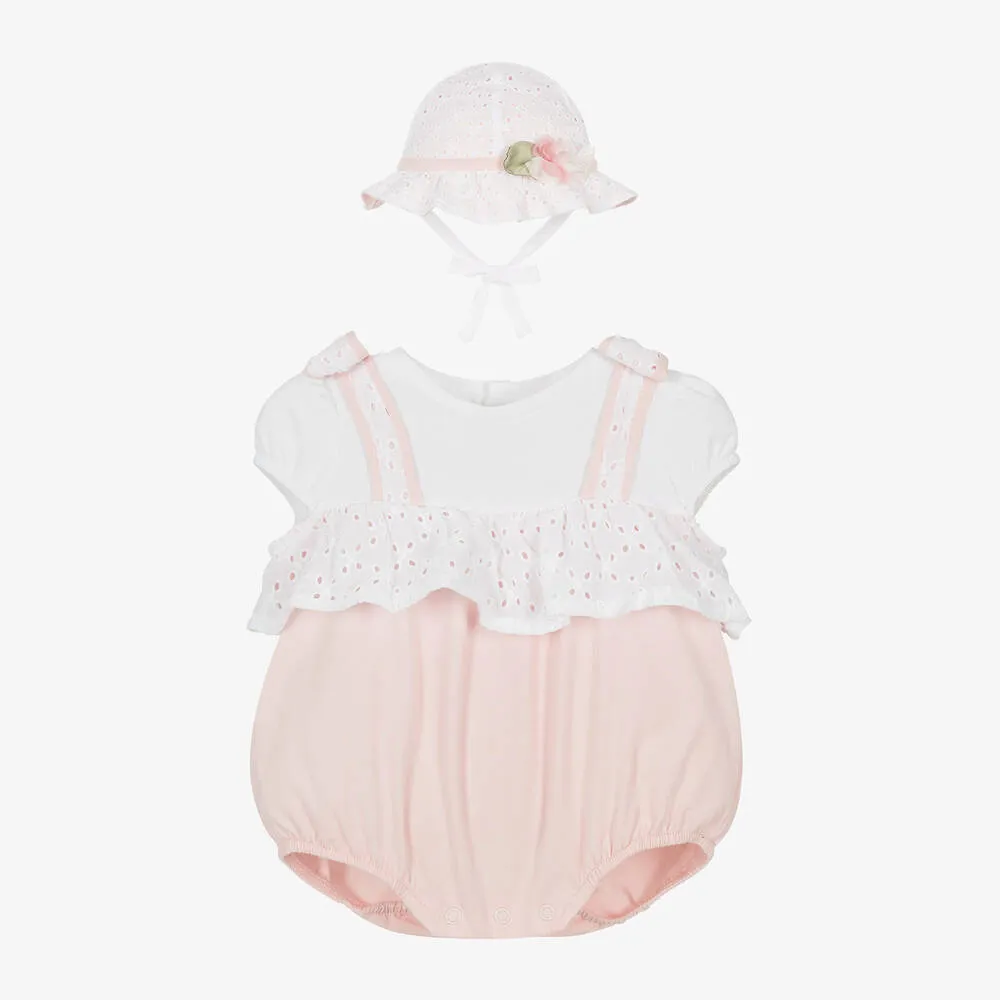 Girls Pink Cotton Babysuit & Hat Set