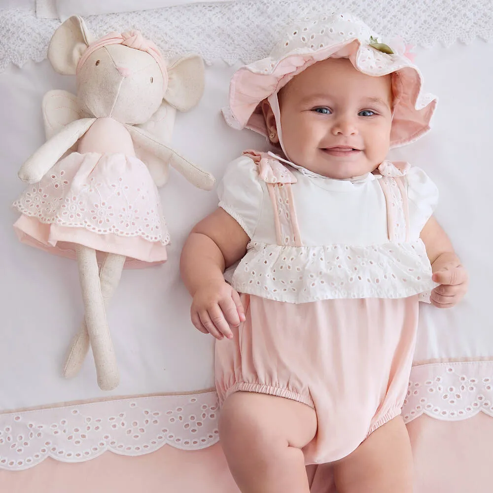 Girls Pink Cotton Babysuit & Hat Set