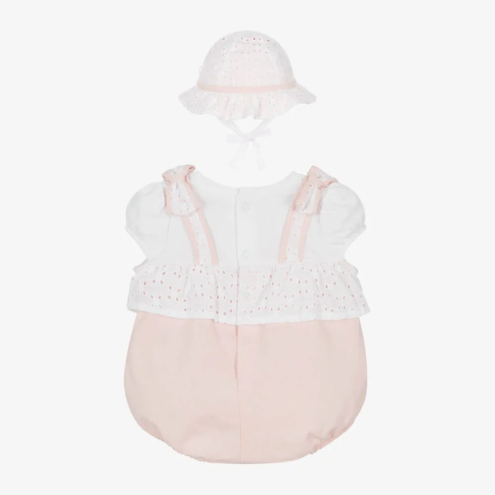 Girls Pink Cotton Babysuit & Hat Set