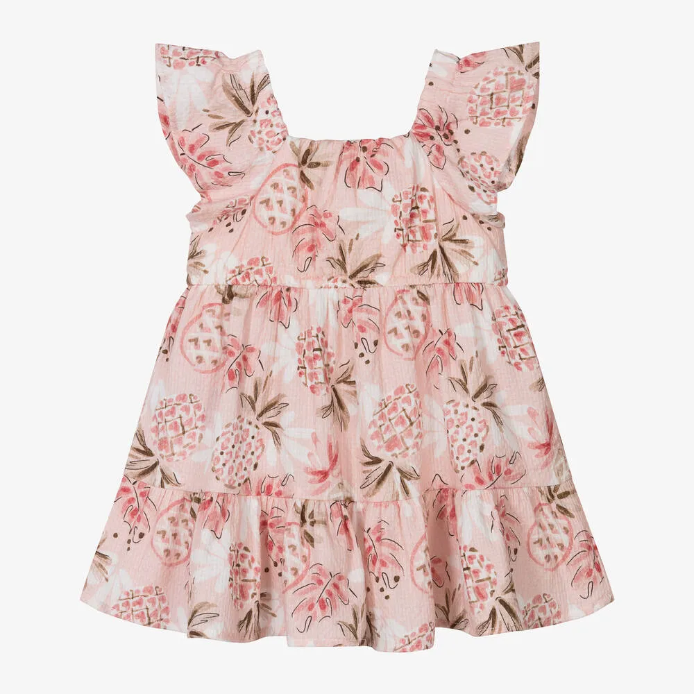 Girls Pink Cotton Pineapple Print Dress