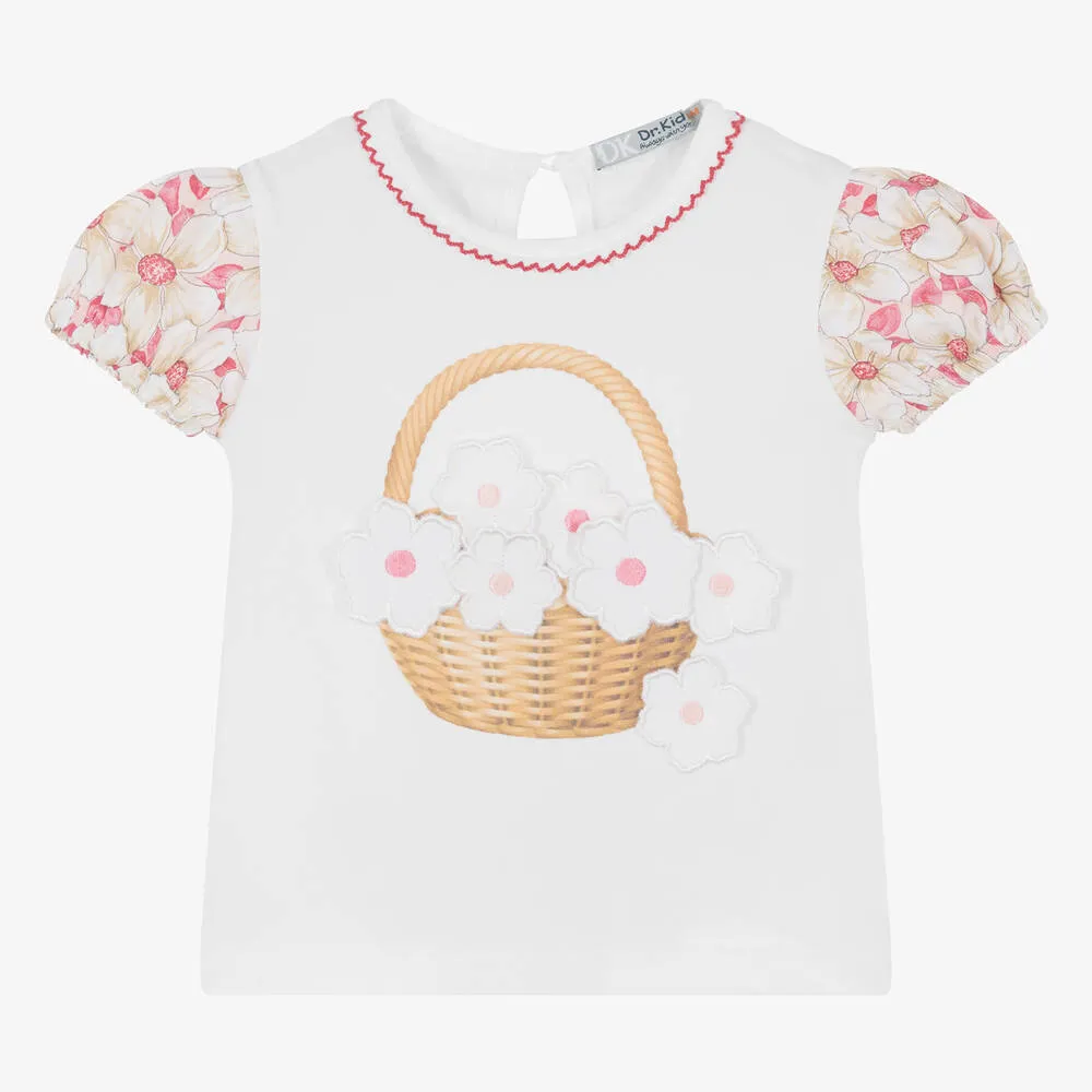 Girls White Cotton Flower T-Shirt