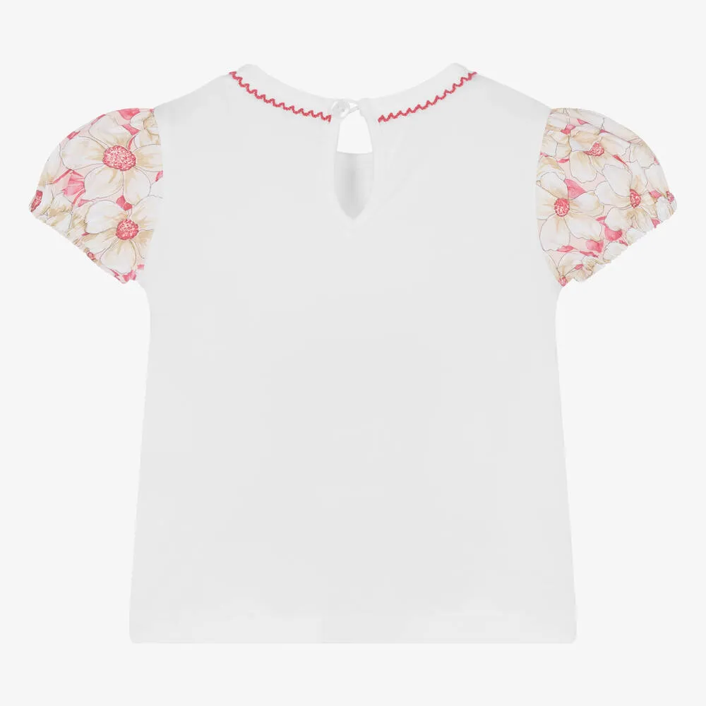 Girls White Cotton Flower T-Shirt