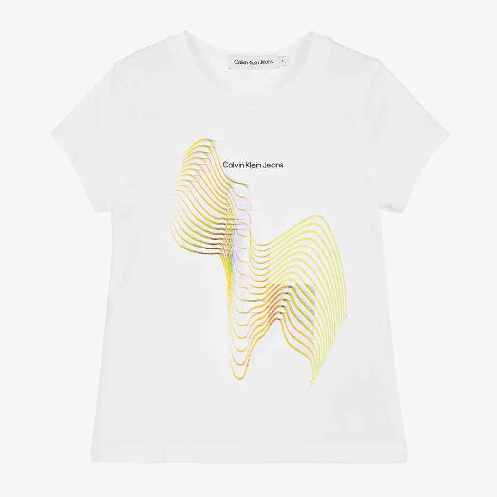 Girls White Cotton Graphic Print T-Shirt