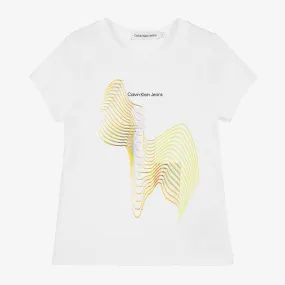 Girls White Cotton Graphic Print T-Shirt