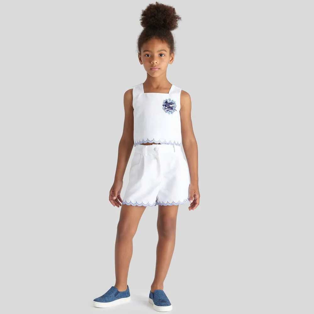 Girls White Cotton Pegaso Logo Shorts