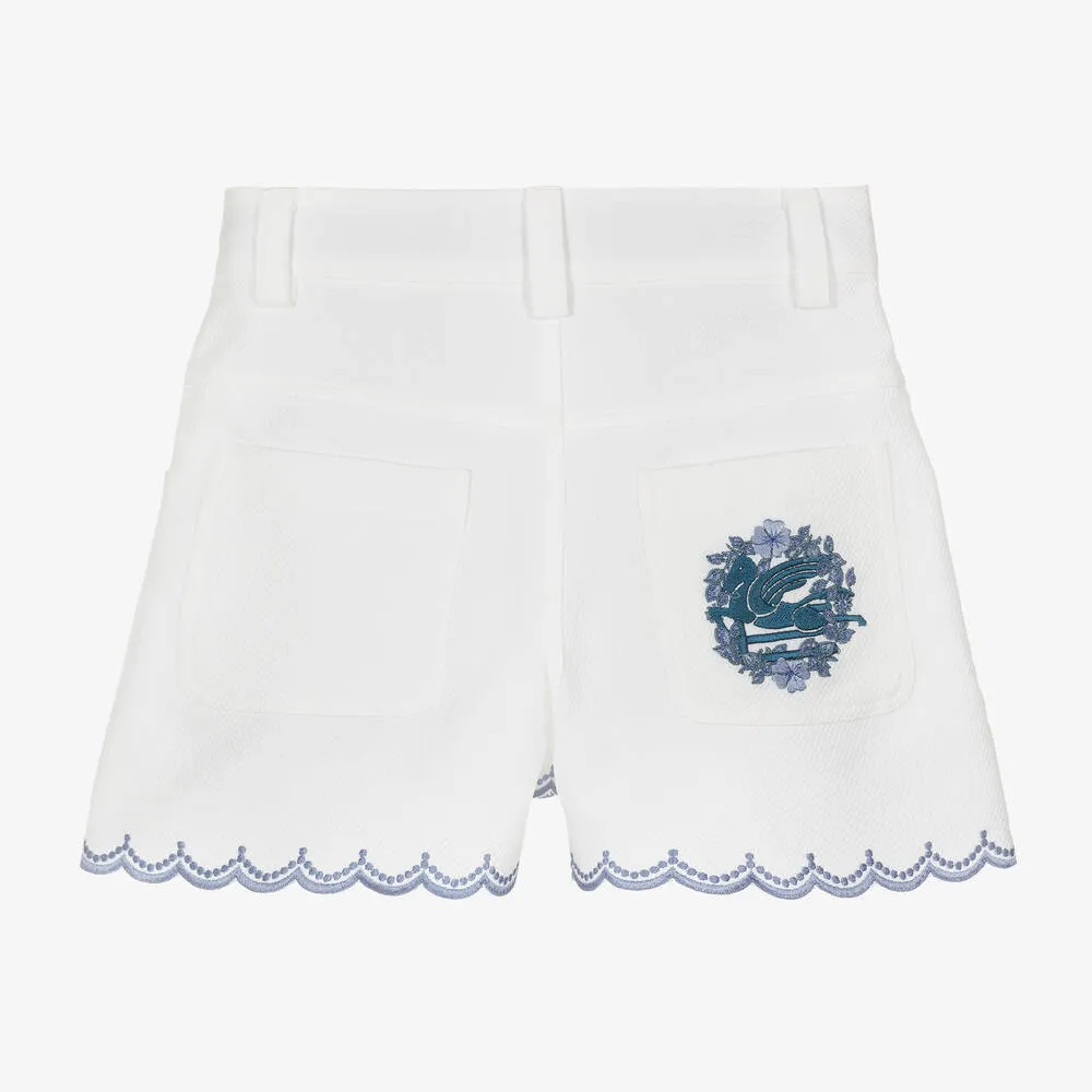 Girls White Cotton Pegaso Logo Shorts