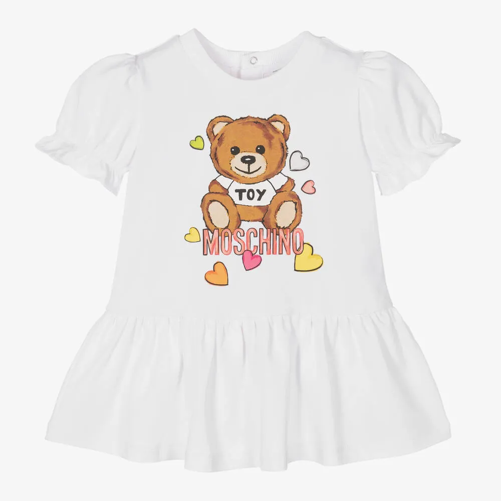 Girls White Cotton Teddy Bear Heart Dress